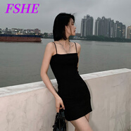 FSHE帶胸墊修身打底內(nèi)搭吊帶裙女春夏夜店性感辣妹包臀連衣裙短款外穿 黑色 -不帶墊 L