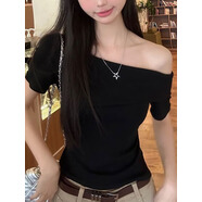 山頭林村妙奕嘉露肩短袖t恤女上衣春季新款2025年純欲修身內搭斜肩甜美短 修身斜肩短T恤[黑色] M[建議90-105斤] 均碼