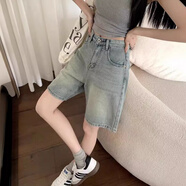 榮西圖（RONGXITU）復古水洗直筒牛仔短褲女高腰顯瘦寬松做舊中褲夏季薄款闊腿五分褲 淺藍色 S