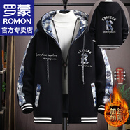 羅蒙（ROMON）國風刺繡加絨夾克男士秋冬季加厚棉衣連帽外套青少年羽休閑服男裝 2307黑色 加絨 XL （約130-150斤可穿）