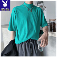 花花公子夏季原宿風(fēng)小眾設計感小高領(lǐng)寬松短袖T恤男女情侶日系ins純色打底 藍色 XL
