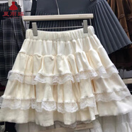 夏雨瑤秋季甜美減齡白色芭蕾風(fēng)半身裙女高腰蓬蓬裙蕾絲蛋糕裙短裙防走光 杏色蕾絲絨短裙 S