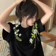 安初夏美式高街花卉刺繡短袖t恤男夏季寬松小眾設(shè)計(jì)感oversize情侶上衣 黑色【重磅刺繡花卉重工】 2XL 建議140斤-155斤關(guān)注先發(fā)