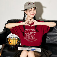 唐獅（TonLion）新款短袖T恤女夏季寬松圓領(lǐng)深酒紅 S