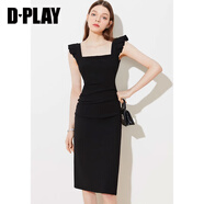 DPLAY2025年夏季復古紅色彈力短袖訂婚服回門(mén)服吊帶裙連衣裙女 經(jīng)典黑飛飛袖 S
