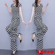 沐悠羽夏季新款韓版時(shí)尚格子連體褲御姐范洋氣減齡高腰雪紡闊腿長(cháng)褲 黑白格 S