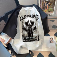 阿瑪瑟100%純棉美式高街oversize翅膀十字架短袖t恤男夏ins歐美潮牌半袖 插肩-黑灰 XL