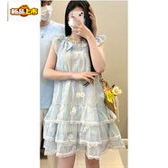 初徑法式藍色波浪繡花短袖連衣裙女夏季2025新款情侶裝感一衣一裙 女連衣裙 S