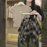 女童露背短袖T恤不規(guī)則格子半身裙套裝2025夏款中大童裙褲甜酷風9 套裝【T恤+裙子】 160