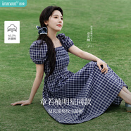茵曼（INMAN）章若楠同款法式方領(lǐng)格紋連衣裙2025夏季新品女裝泡泡袖裙子 藏青藍 63.1%棉 M