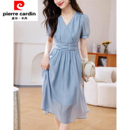 皮爾卡丹（pierre cardin）氣質(zhì)優(yōu)雅洋氣雪紡裙子2025夏季新款V領(lǐng)泡泡袖收腰顯瘦連衣裙女 藍色 S 建議96斤內