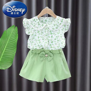 迪士尼（Disney）女童夏裝新款女童短袖套裝女孩時(shí)髦短褲套裝夏季女寶寶兩件套 綠色 短袖碎花翻領(lǐng)套裝綠色 100 (30-35斤)