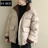 NY-RCE羽絨服女冬季新短款復古寬松文藝長(cháng)袖保暖外套女純色白鴨絨 卡其色 M （125-155斤)