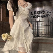 凡伊聆法式連衣裙純欲裙子女夏季2025新款小個(gè)子顯瘦收腰仙女裙小白裙 法式荷葉邊提花連衣裙【初戀白】 S