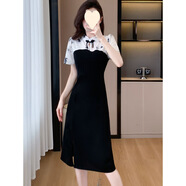 俞兆林新中式國風(fēng)旗袍拼接盤(pán)扣連衣裙2025年夏季新款簡(jiǎn)約顯瘦低開(kāi)叉中裙 黑色 S