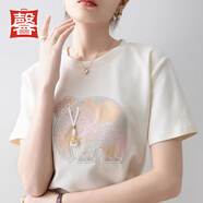 唐馨裳夏季新款純棉短袖女t恤新中式刺繡網(wǎng)紅時(shí)尚中國(guó)風(fēng)半袖洋氣上衣 杏色 XL 【建議120-130斤】