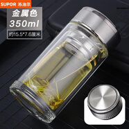 蘇泊爾（SUPOR）玻璃杯耐熱防爆耐高溫水杯鋼化玻璃杯耐高溫防爆杯子水杯雙層隔熱 金屬銀雙層帶濾網(wǎng)_* 350ml