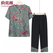 俞兆林（YUZHAOLIN）中老年女裝媽媽裝老年人夏裝奶奶短袖套裝夏季唐裝襯衣兩件套衣服 短袖/綠色套裝 2XL (建議100-115斤)