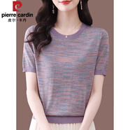皮爾卡丹（pierre cardin）高檔桑蠶絲短袖T恤女士夏季加肥加大媽媽裝寬松遮肚彩條針織上衣 紫色 XL 建議120-130斤
