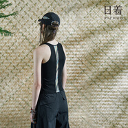 日著俠秘境羅紋針織吊帶背心2025夏季新款網眼拼接印花外穿打底女 秘境黑 M