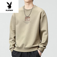 花花公子（PLAYBOY）美式重磅衛衣男士春秋季2024新款寬松長(cháng)袖T恤上衣加厚打底衫 杏色 M 推薦90-105斤