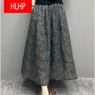 HLHP文藝復古苧麻印花半身裙女夏季中長(cháng)款亞麻氣質(zhì)a字裙子飄逸大擺裙 灰樹(shù)葉 有內襯 2XL
