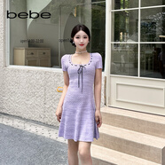 bebe夏季新款女士氣質(zhì)薄款織帶花邊魚尾針織連衣裙230905 淡紫 S