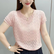思羽君短袖t恤女鏤空花邊2025夏針織衫寬松顯瘦氣質(zhì)百搭減齡薄款上衣女 粉紅色 L 105-115斤