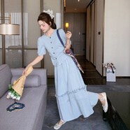 皮爾卡丹（pierre cardin）復古氣質(zhì)連衣裙女套裝裙2025夏季新款泡泡袖上衣花邊半身裙兩件套 天藍色(套裝） M （推薦106-120斤）