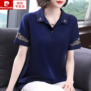 皮爾卡丹（pierre cardin）純棉短袖t恤女裝2025夏季新款洋氣媽媽體恤polo衫大碼寬松上衣服 寶藍色 M (建議85-105斤)