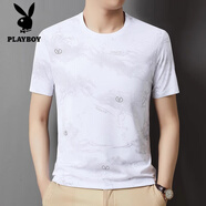 花花公子（PLAYBOY）冰絲短袖t恤男圓領(lǐng)印花夏季中年半袖體恤衫上衣潮牌休閑打底衫T 白色YH10578印花 L 170(適合126斤-140斤)