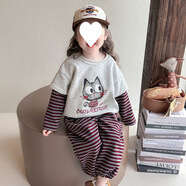 S.SOFEA女童春裝條紋套裝2025兒童假兩件衛(wèi)衣時髦兩件套寶寶春秋衣服 淺灰色 假兩件紅條套裝2531 120