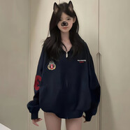 以純 YISHION美式復(fù)古潮牌薄款連帽顯瘦衛(wèi)衣女春秋oversize外套慵懶女開衫上衣 藏青色(春秋薄款) M