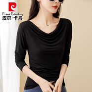 皮爾卡丹（pierre cardin）早秋莫代爾長(cháng)*袖t恤女打底衫韓版漂亮小衫顯瘦堆堆低領(lǐng)薄款上衣潮 167#長(cháng)袖黑色 L