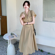皮爾卡丹（pierre cardin）卡其色設計感韓系氣質連衣裙女夏季2025年新款輕熟風高腰過膝長裙 卡其色 品質升級款 XL 【141斤-150斤】