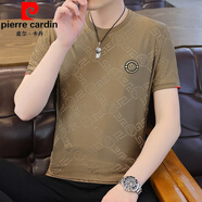 皮爾卡丹（pierre cardin）冰絲短袖T恤男士2025夏季新款半袖體恤暗紋提花男裝速干上衣 T56卡其 M 90-115斤