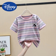 迪士尼（Disney）童裝女童純棉條紋短袖t恤夏季新款寬松中大童卡通動漫T恤衫洋氣 紫色純棉【米老鼠】 150 cm 建議身高140-150cm