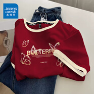 真維斯（JEANSWEST）短袖t恤女夏季新款純棉女裝上衣服撞色寬松ins風小個子女生半袖衫 酒紅 蝴蝶秘境橙 M
