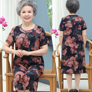 恒源祥中老年人奶奶裝女裝夏季寬松棉綢連衣裙老太太中長(cháng)款夏裝睡衣裙子 C1163扇子黑 3XL (建議120-135斤)