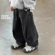 樂僖貝俫男童黑色牛仔褲春秋季寬松長褲帥氣休閑 黑色 寬松牛仔褲 M 100 建議身高90-100c