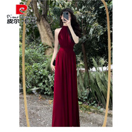 皮爾卡丹（pierre cardin）法式高端氣質(zhì)掛脖無(wú)袖白色連衣裙2025夏季新款收腰顯瘦開(kāi)叉長(cháng)裙子 紅色 M