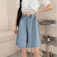伊薇衣2022夏季新款牛仔短褲女韓版直筒寬松高腰顯瘦中褲闊腿五分褲子潮 淺藍色 高質(zhì)量+腰帶 XS