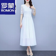 羅蒙（ROMON）連衣裙女2023春夏新款蕾絲大擺收腰沙灘裙顯瘦度假高腰雪紡長裙子 白色 2XL