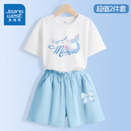真維斯童裝女童夏季套裝2025新款兒童純棉短袖T恤時(shí)尚中大童休閑花苞腰短褲 白/J彩色人魚(yú)-牛仔藍(lán)/星光結(jié)K 140