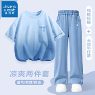 真維斯女童套裝夏裝敖丙兒童服裝哪吒純棉短袖t恤牛仔防蚊褲子時(shí)髦童裝 【吊染短袖+天絲直筒防蚊褲】03 160 【推薦體重80-100斤】