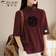 啄木鳥(niǎo)純棉半高領(lǐng)中袖t恤女夏裝大碼胖mm顯瘦遮肚上衣寬松休閑短袖上衣 輕薄酒紅色-祥云花紋薄 2XL 建議130-150斤