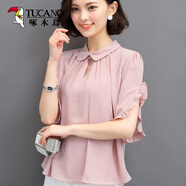 啄木鳥(niǎo)雪紡衫女短袖2025夏裝新款女裝韓版娃娃領(lǐng)大碼寬松荷葉邊上衣襯衫 藕色 L （建議95-115斤）