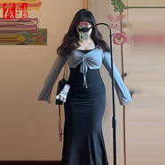 莜仙格大碼甜辣純欲風(fēng)長(cháng)裙子女士春夏季mm顯瘦修身火吊帶包臀連衣裙套裝 灰上衣 L 建議100-115斤
