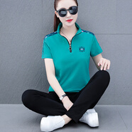 婉玫（wonnmey）短袖運(yùn)動(dòng)服套裝女夏立領(lǐng)2025新款時(shí)尚減齡長(zhǎng)褲純棉休閑兩 湖綠 M (適合80-95斤)