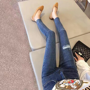 CEENIU夏秋韓國ins彈力小腳牛仔褲女破洞高腰修身顯瘦緊身鉛筆九分褲子 藍色 S 【80-95斤】